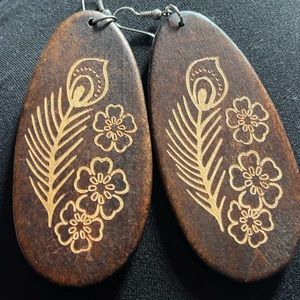 Wooden Feather and Flower Earrings